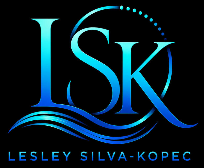 Aquamarine and blue gradient "LSK" logo on black background. A circular aqua-blue ring surround the letters with a dotted arc at the upper right, and three flowing wave liner extend beneath the logo.